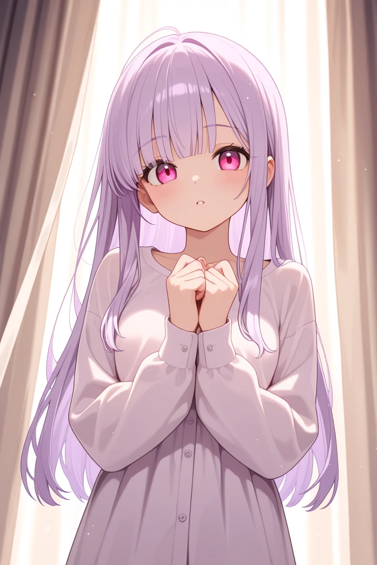 bedroom, colorful background, cozy atmosphere, dreamy lighting, (best quality,4k,highres),anime,1 girl, purple eyes,long hair,white hair,detailed eyes,laying in bed,messy hair,pink sheets,looking at viewer,black pajamas,lit by soft moonlight