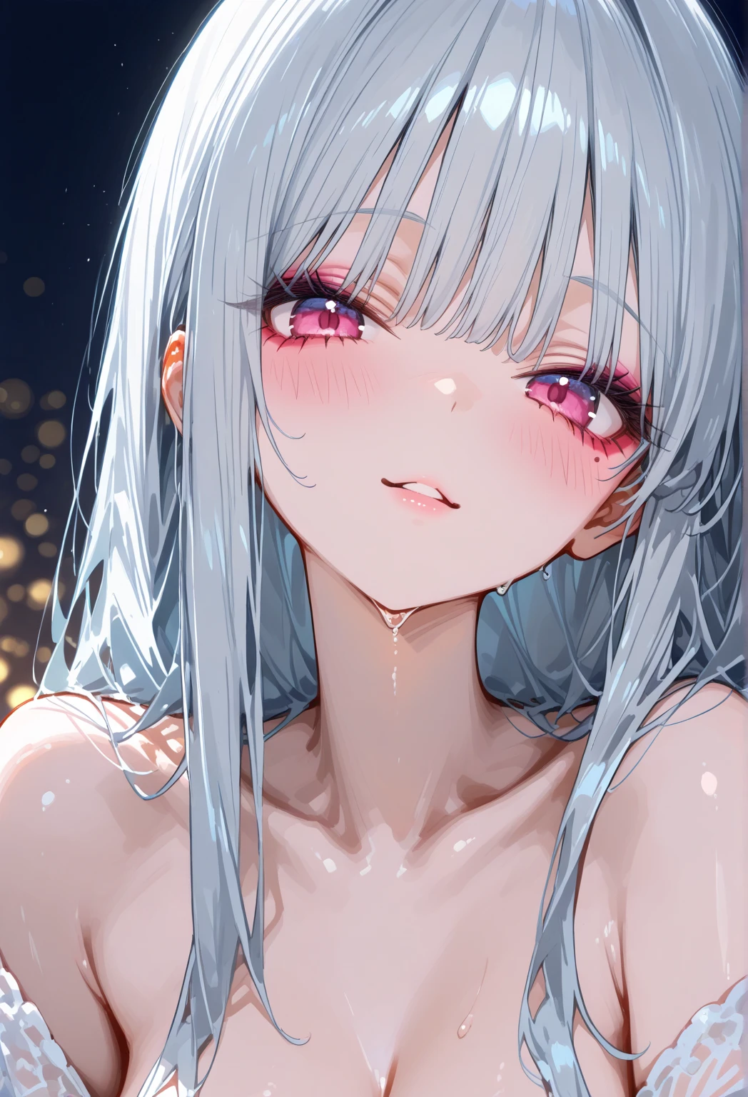 small breasts,cute,アニメ,pov,cum facial,bukkake,excessive cum,ヘソ,straight hair,blunt bangs,white hair,skinny,on back,