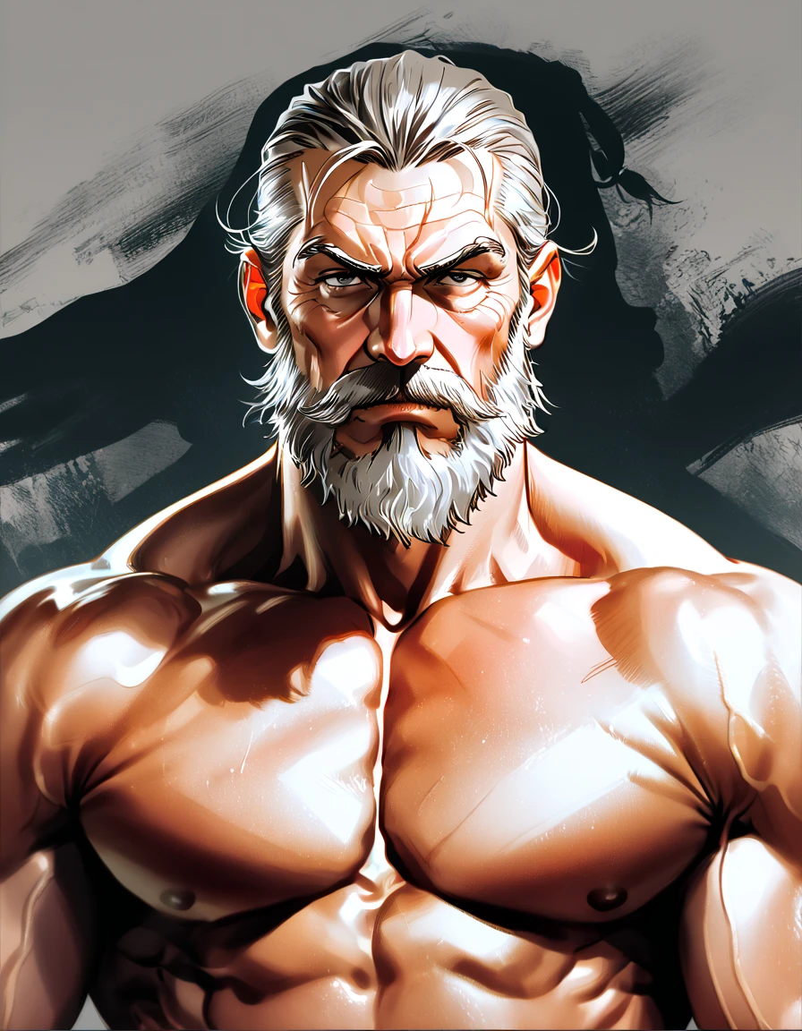 Rugged, standing, looking at viewer, mature male with a powerful, muscular build, sporting a grizzled salt-and-pepper beard and tousled hair. He wears a well-worn martial arts gi, partially revealing his impressive chest and arms. His focused expression radiates experience as he practices his deadly art in the seclusion of a traditional dojo, its wooden floors echoing his movements. Sunlight filters through the paper screens, creating a serene atmosphere, ((bulge))