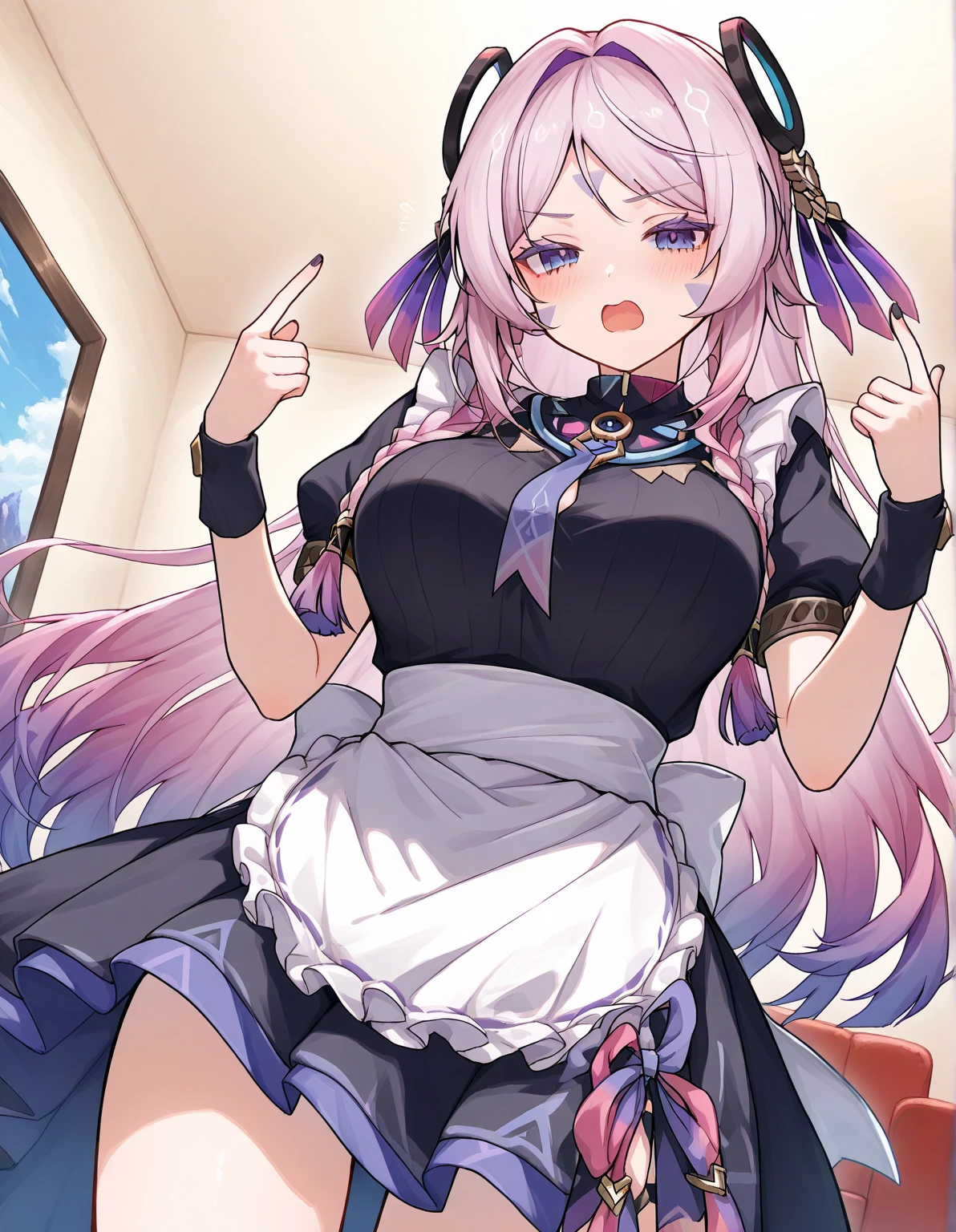 1girl, karyl, animal ear fluff, animal ears, black hair, black ribbon, cat ears, cat girl, cat tail, fang, green eyes, hair bow, long hair, low twintails, multicolored hair, purple bow, ribbon, skin fang, streaked hair, tail, twintails, vertical stripes, white hair, cum on face, penis, holding money, embarrassed, cum in mouth