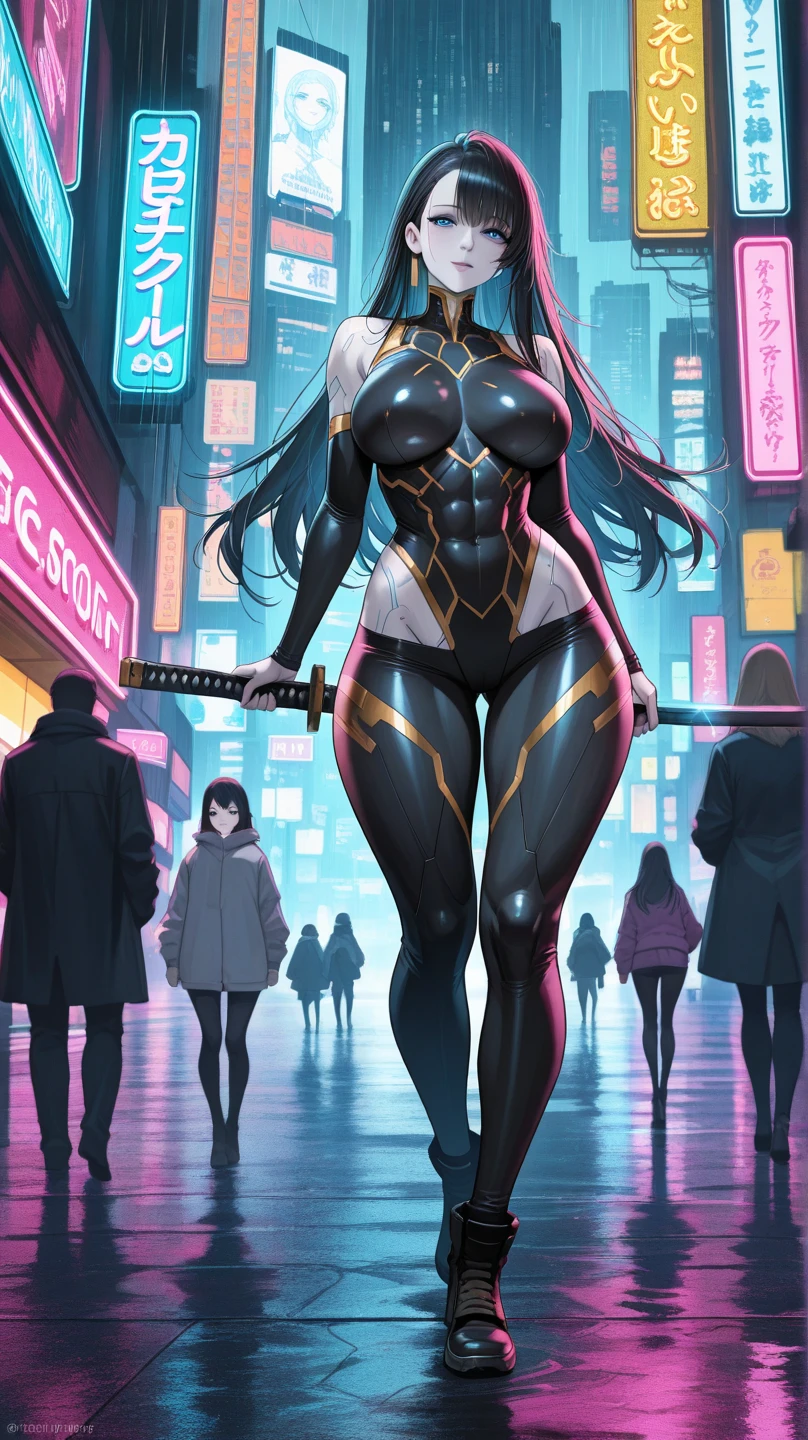 masterpiece,(bestquality),highlydetailed,ultra-detailed, cyberpunk, full body, black hair, Very long hair, oni, Horn, (Large Breasts:1.2) , kimono, katana, (Muskyla:0.9), tall woman
