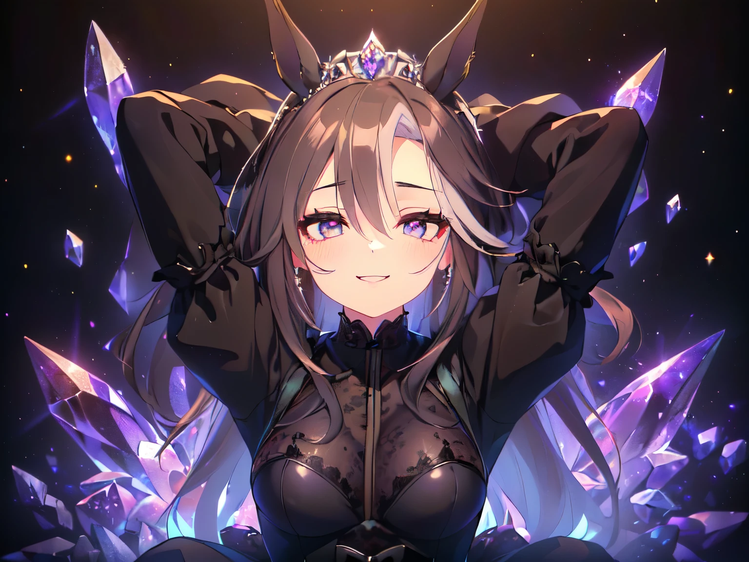 (Theme is "Little Black Bride": 1.5), (Solo, Alone, , Girl, Big , Horse Ears, Long Hair, No Ears, Sitting Flat on the Ground, Arms Behind Head, Leaning Slightly, Looking Up with a Big Smile, Long Sleeves, Wearing a Black Lace Wedding Dress, Wearing a Tiara, Blush, Eye Shadow, Dark Purple Background, Crystal World Background, Crystal Ground Background, Scattered Crystal Background, 2D CG Animation, Great Looks, Detailed Anatomy, Masterpiece, Top Rated, 16K, Breast Emphasis, Upper Body Only: 1.5)