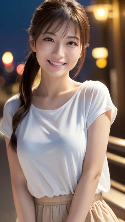 8K images, Shot with a high quality Fuji 45 camera.,000,000 pixels raw photo, best quality, Masterpiece:1.2), (realistic, photo-realistic:1.37), very detailed,
1 woman,cute, alone,Beautifully detailed sky,nighttime, Outdoors in the countryside there are red flowers.,) ,big breasts, seductive smile, wide aperture, professional lighting, Sony A7R4, 50mm sessile lens. 2 medium sized breasts,Beautifully detailed eyes,(dark orange t-shirt, Long hair floats up:1.2),floating hair