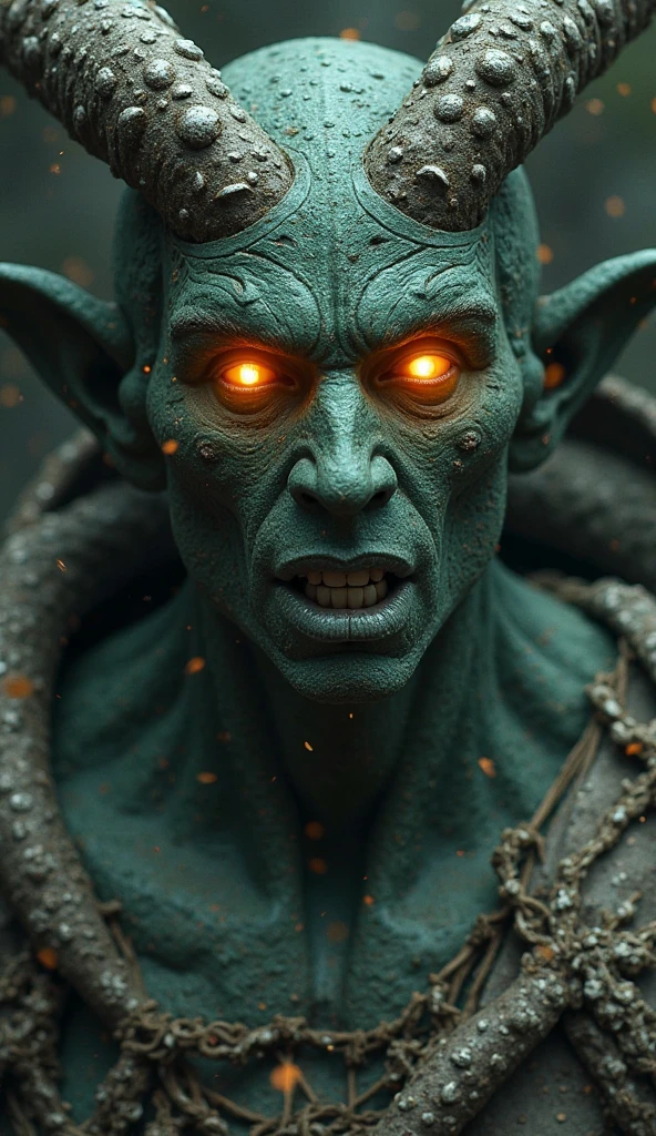 fantasy medieval art, a goblin, he is short and thin, thick chains on neck and wrists, pale green skin with too many scars and burns, he has a flame mark on his forehead, ultra realistic