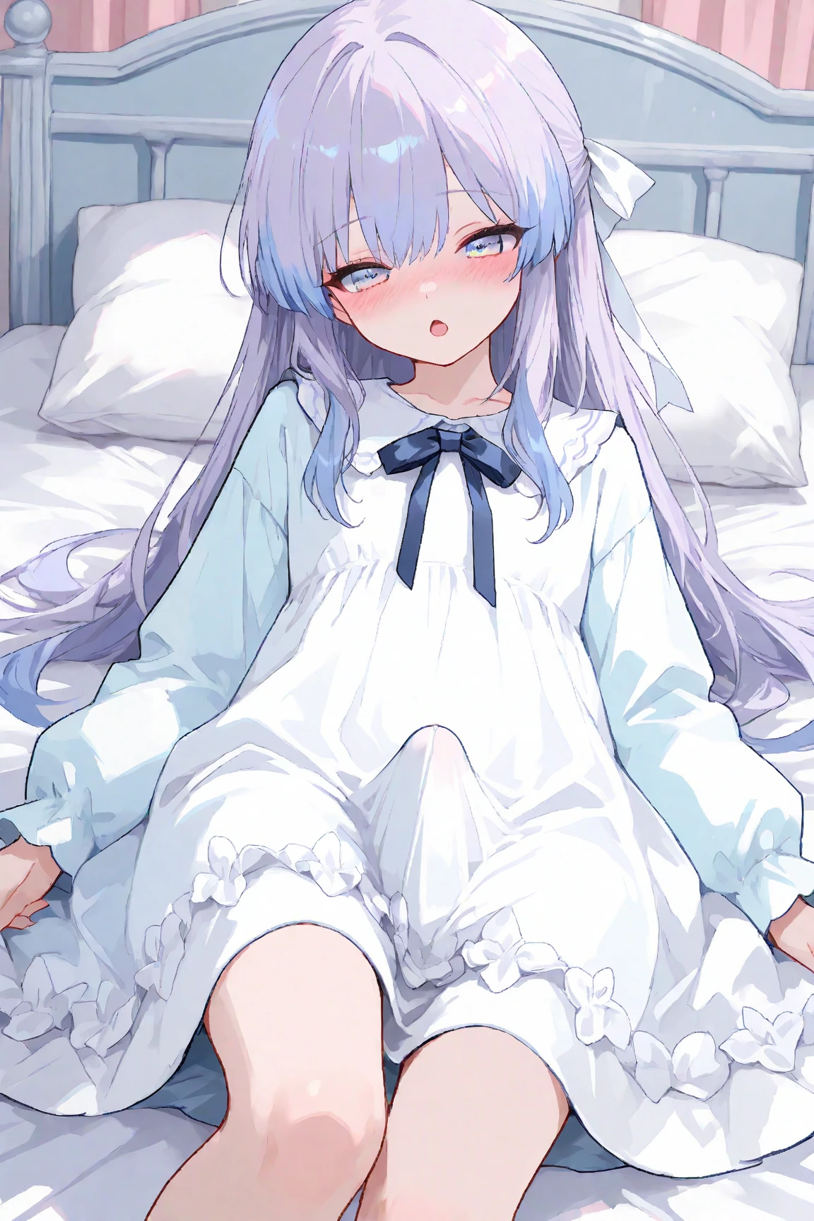 Pure and lovely girl, Light purple hair, navy blue hair tips, Half-up style tided white silk ribbon, Dreamy pastel colors eyes, white chiffon dress, opaque material clothes, crew neck, Ankle-length dress, Wholesome anime style, Purity core aesthetic, Ultra HD 8k rendering, half-body shot, Masterpiece, top quality, very detailed, super high definition, 1 girl, light pink blush, open mouth, futanari, Protrusions on clothes, suggestive sexuality without direct expression, low angle, on the bed