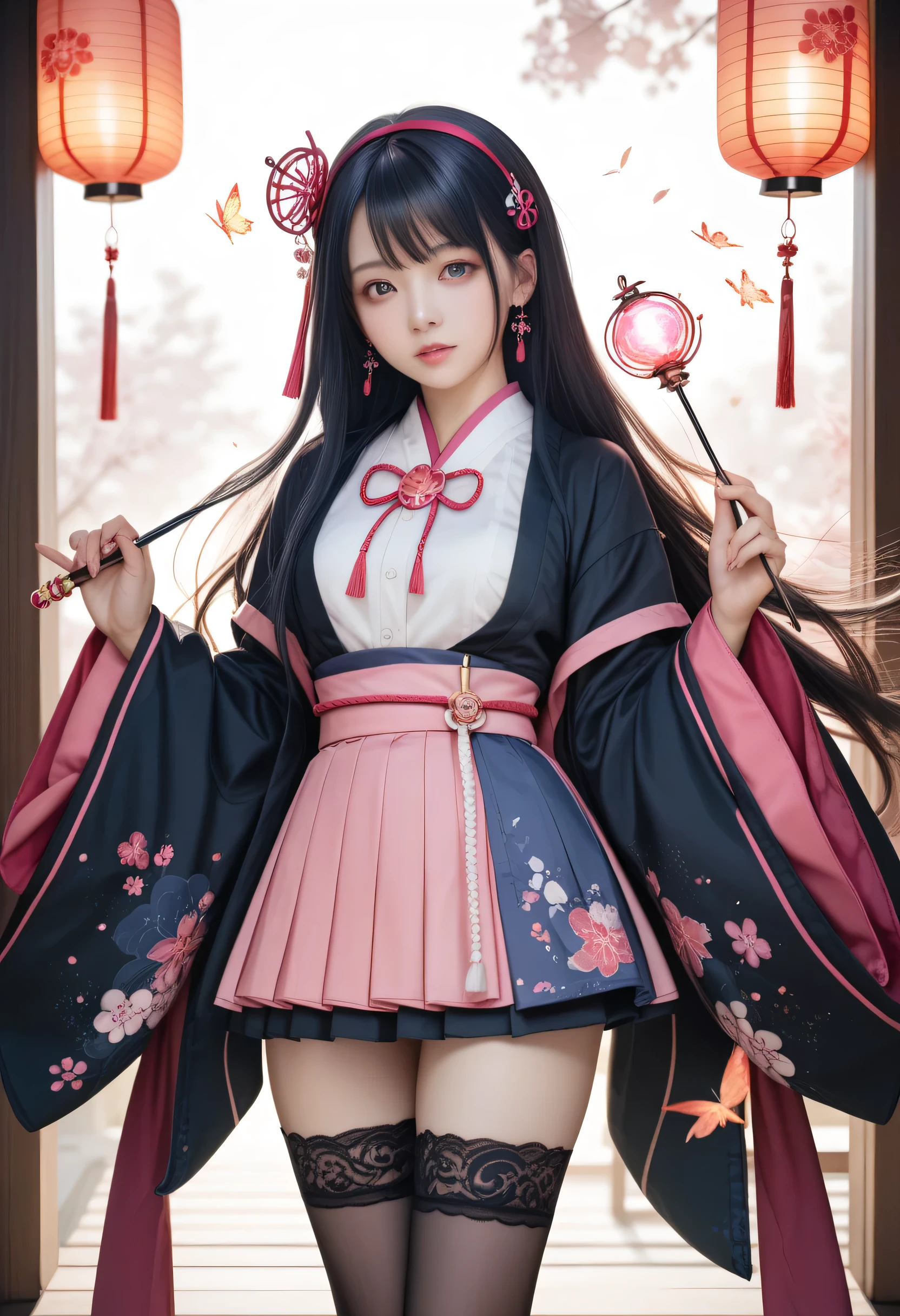 ((Highest Quality:1.5))、natural light、magical girl、Japanese Style Gothic Dress、mini tight skirt、pink belt、Long-sleeved kimono、black hair long hair、stockings、Magic Lantern Stick、 Hairpin Headband
