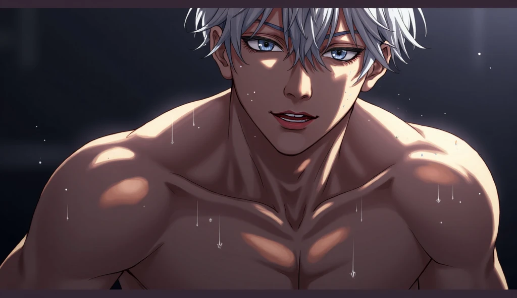 absurdres, highres, ultra detailed, HDR, master piece, best quality, extremely detailed, Gojou Satoru, white hair, expressive blue eyes, white eyelashes, Jujutsu Kaisen, solo, sexy man, handsome, horny, sensual, without clothes, naked, taking a shower, bathroom, water, dick, erection, Nu Carnival