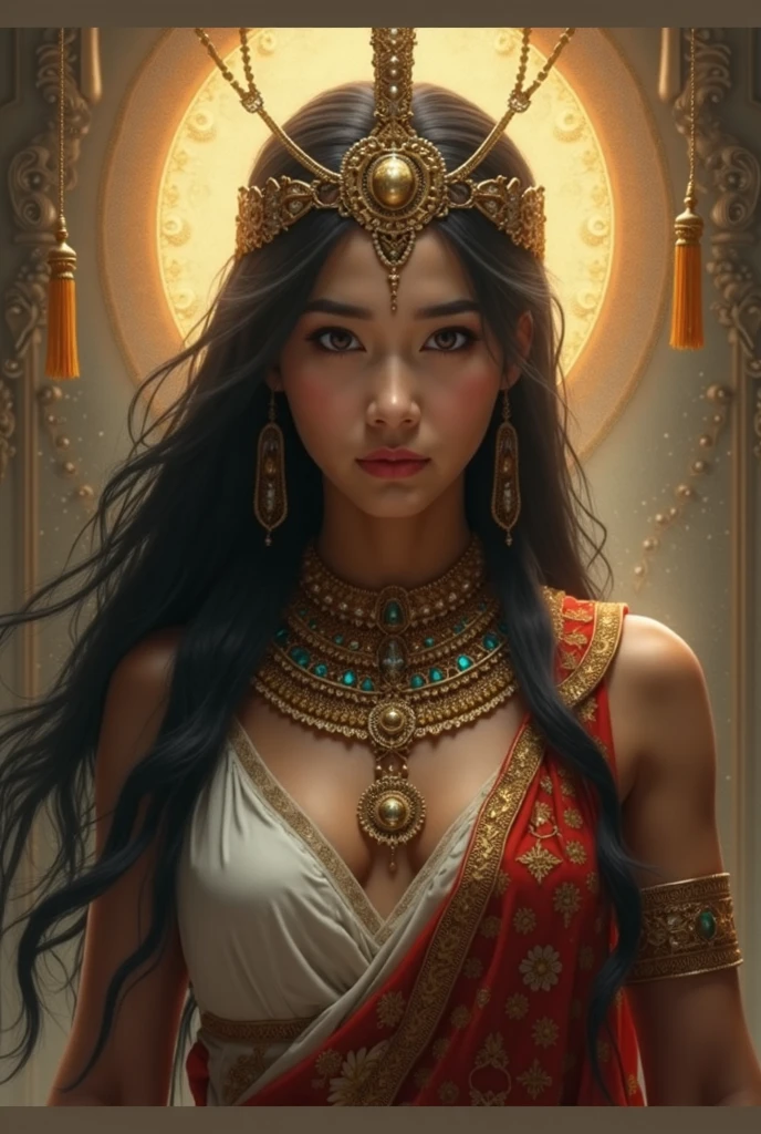 (Photorealistic:1.2), (8K Resolution), (Best Quality), (Masterpiece), portrait of a gorgeous young tribal queen with dark skin, long braided black hair, wearing an intricate beaded headdress, gold necklaces and armbands, a red and gold embroidered robe, standing proudly outdoors holding a peregrine falcon perched calmly on her left hand wrapped in a thick leather glove, soft lighting, highly detailed intricate clothing, jewelry and falcon, ornate background