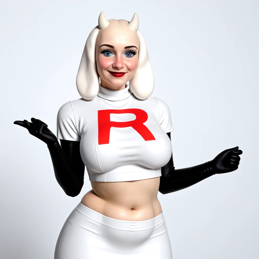 Furry, Toriel Dremurr, milf, slightly chubby, bedroom, fat ass, wide hips, curvy, voluptuos, stand, masterpiece, ultra high quality, detailed face, detailed hands, detailed body, heels, by fluffedwings, by blackwhiplash, sugestive, sexy, beatiful, shy smile, blushed, fat ass, fat breasts, team rocket,team rocket uniform, white skirt, red letter R, crop top, black thigh-highs, black elbow gloves, lifting her top, showing his breasts