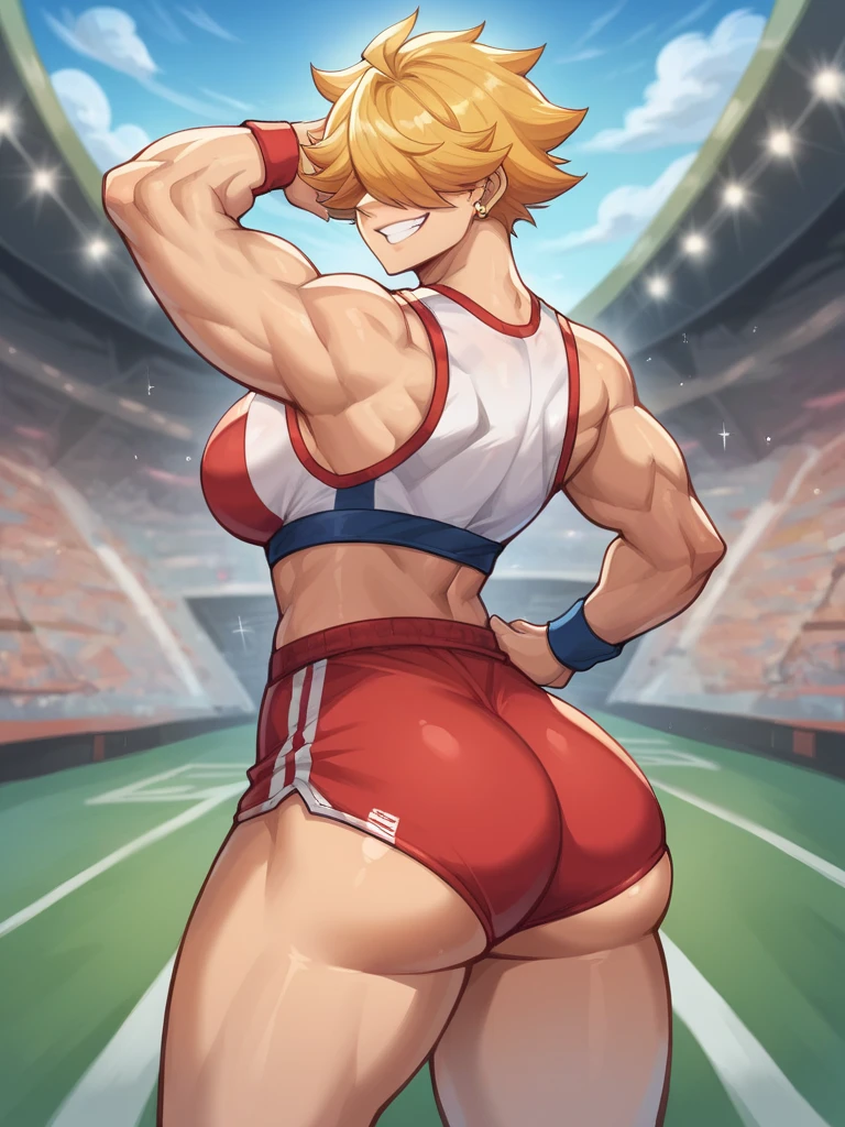 Athletic and super curvy milf, muscle, bimbo, cap, blond hair, sports top, red sports shorts, tiny shorts, parts, tanned skin, sunburn, knee high socks, sneakers, sweating, clothes wet with sweat
