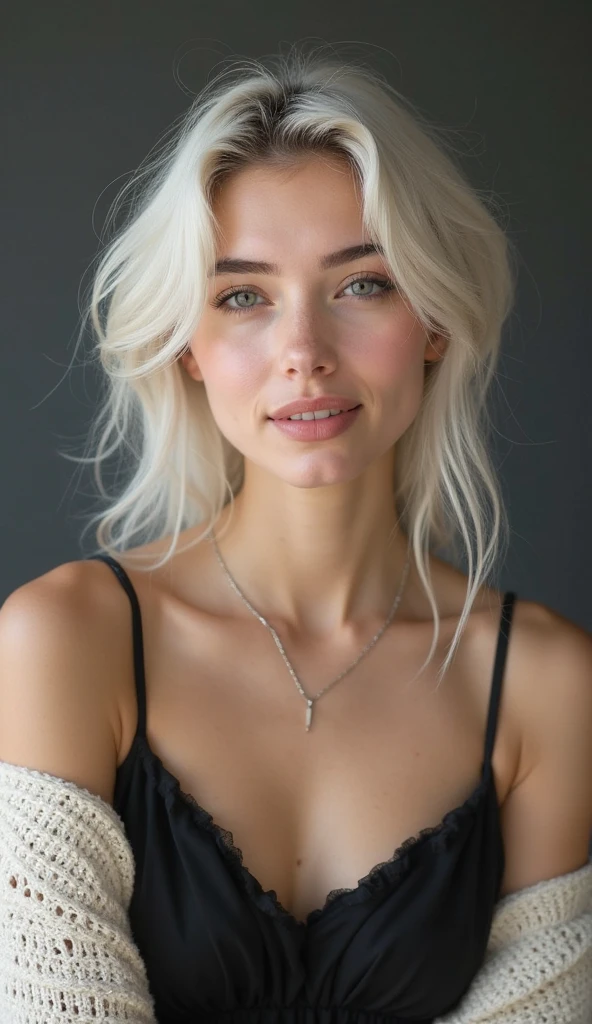 RAW photo, face portrait photo of beautiful 26 y.o woman, blue eyes, cute face, white hair, wearing black dress, happy face, half body, medium breast, hard shadows, cinematic shot, dramatic lighting