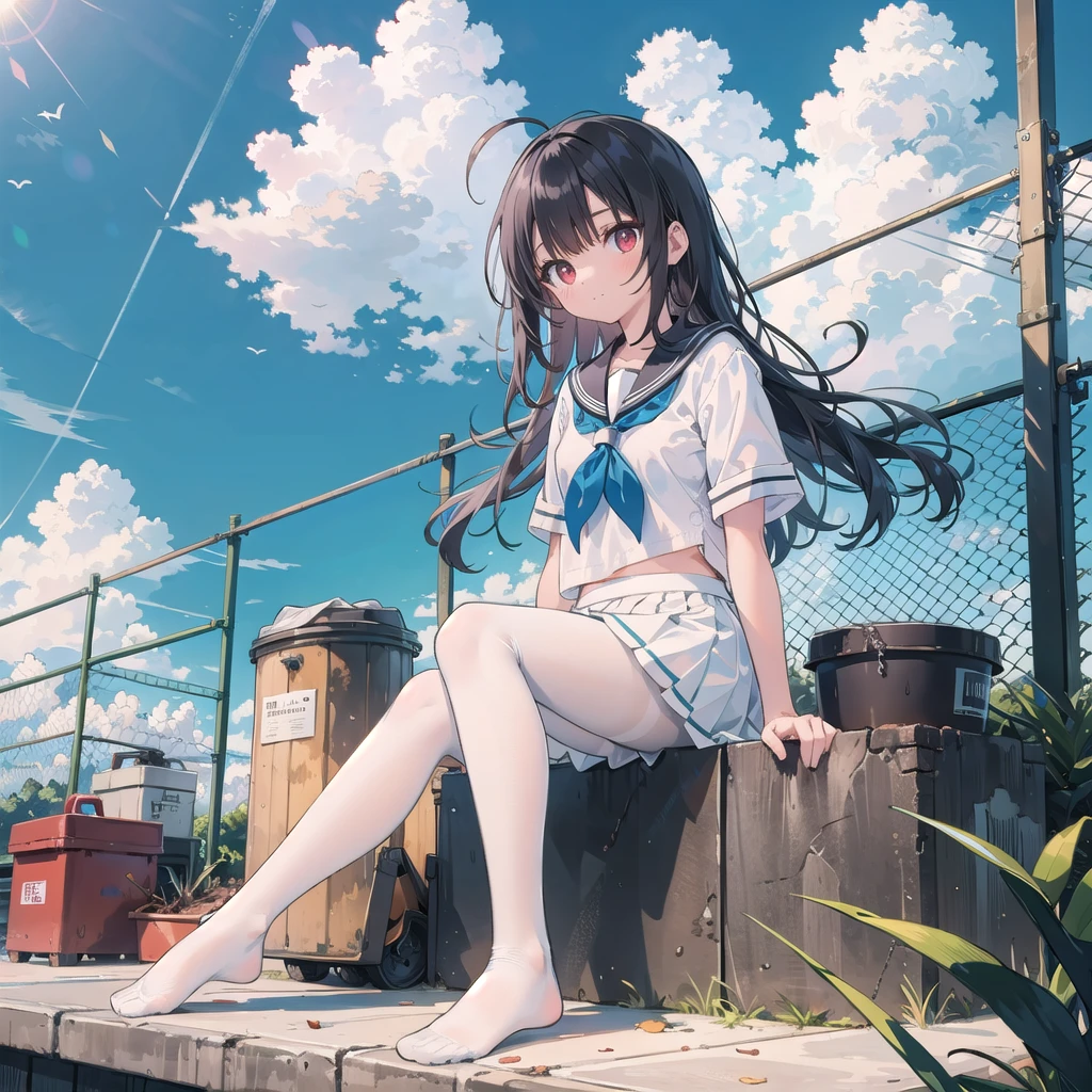 ((masterpiece, Highest quality)),girl, alone, skirt, null, Sitting, pantyhose, Seraphim, cloud,Outdoor, neckerchief ,Day, bangs, fence, shirt, Ahoge, rooftop, Long Hair, black pantyhose,Black Hair, white , white Sailor collar,Red eyes, Sailor collar, white skirt, white Seraphim blue null,white shirt, View your viewers, Mouth closed,chain-link fence, white skirt, cloudy null, trash can, Pleats,No shoes