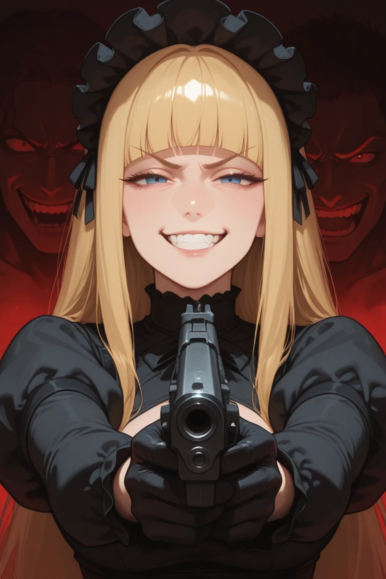 (masterpiece:1.2, best quality), (finely detailed beautiful eyes: 1.2), (detailed background,dark fantasy), (beautiful detailed face), high contrast, (best illumination, an extremely delicate and beautiful), ((cinematic light)), colorful, hyper detail, dramatic light, intricate details, (1girl, solo, blonde hair, curly hair, green eyes, pink nails, leather jacket, pink shirt, leather pants, black pants, black boots, pink gun, holding gun, black face mask, face mask:1.2, cowboy shot, facing camera), (blood splatter:1.9), swirling black light around the character, depth of field,black light particles, (scars on legs, scar on arm,) (scars:1.5)