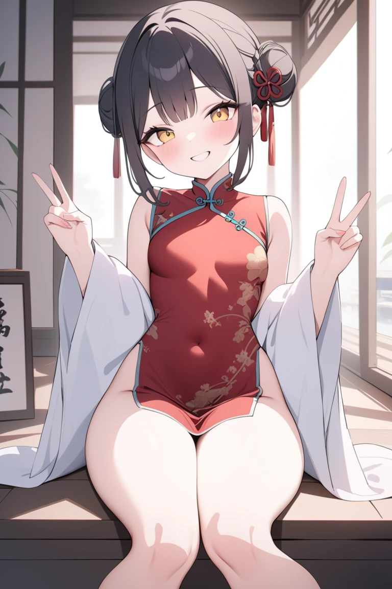 (cum in anus)、qipao、double hair buns,(bottomless),show off pussy,junior high school student,muscle,spread legs