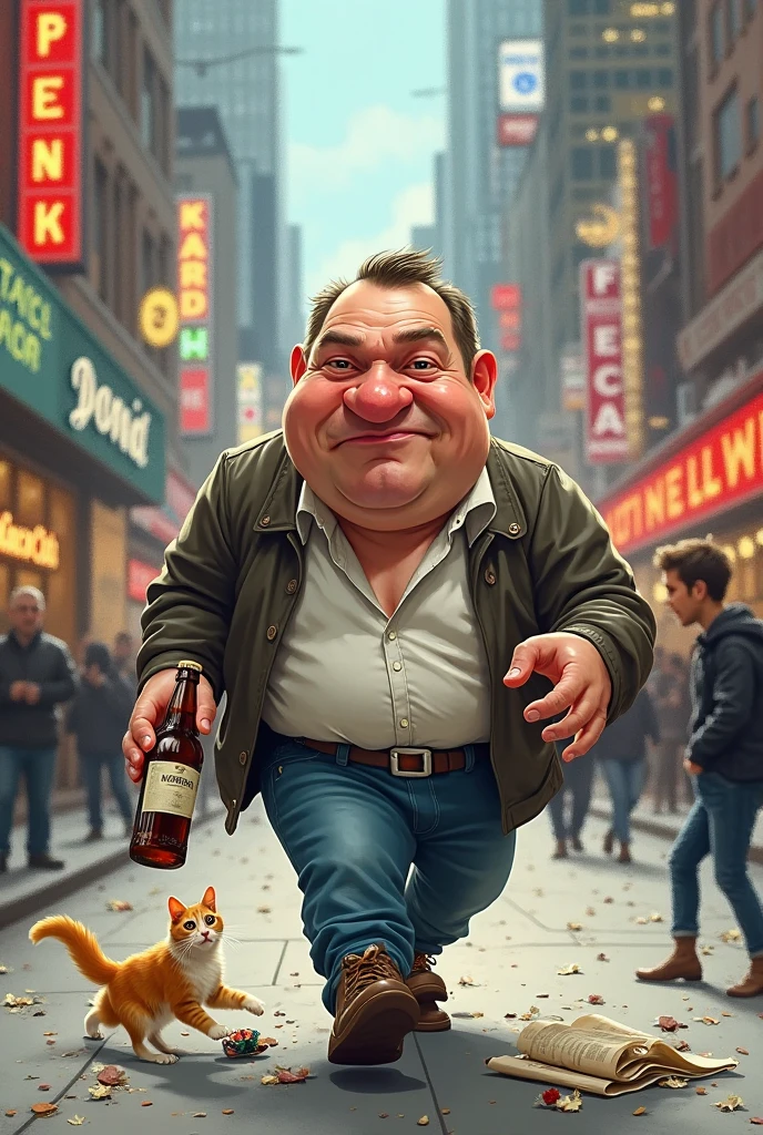A 50-year-old Brazilian beggar, hair only on the sides of the head, bad beard, smiling, on a busy street in the city of São Paulo, wearing an open shirt with his belly showing, with a bottle of cachaça in his right hand, barefoot, a little dirty, wearing dirty shorts, accompanied by a medium-sized, slightly thin black and white dog.