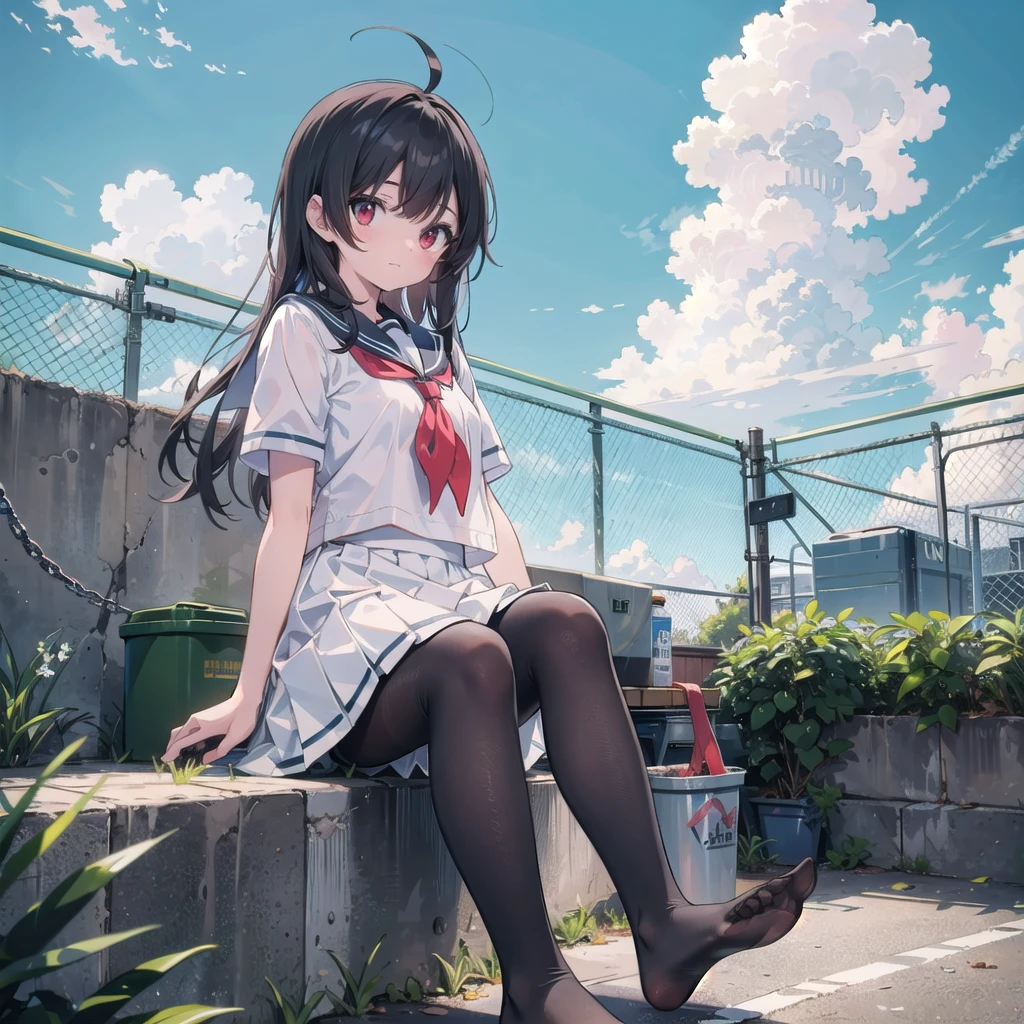 ((masterpiece, Highest quality)),girl, alone, skirt, null, Sitting, pantyhose, Seraphim, cloud,Outdoor, neckerchief ,Day, bangs, fence, shirt, Ahoge, rooftop, Long Hair, black pantyhose,Black Hair, white , white Sailor collar,Red eyes, Sailor collar, white skirt, white Seraphim blue null,white shirt, View your viewers, Mouth closed,chain-link fence, white skirt, cloudy null, trash can, Pleats,No shoes