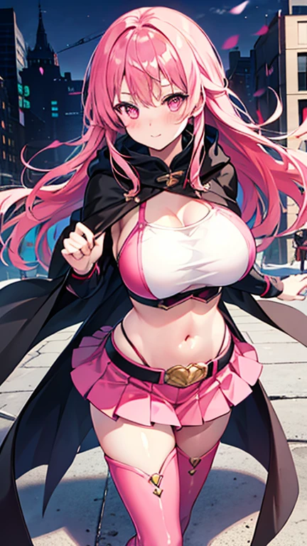 (highres, high quality:1.2), intricate details, cinematic lighting, sharp focus, depth of field, Ingrid, 1girl, mature female, (dark-skinned female:1.1), dark skin, ((close-up face)), (looking at viewer, cityscape, night, city light, determined, pink red hair, very long hair, hair intakes, makeup, lipstick, (mole under mouth:0.8), eyelashes, yellow eyes, detailed face, helloutfit, red cape, black (turtleneck:1.1), (underboob:1.1), black elbow gloves, (coattails:1.1), revealing clothes, center openinulticolored clothes:1.1) midriff, natural large breasts,