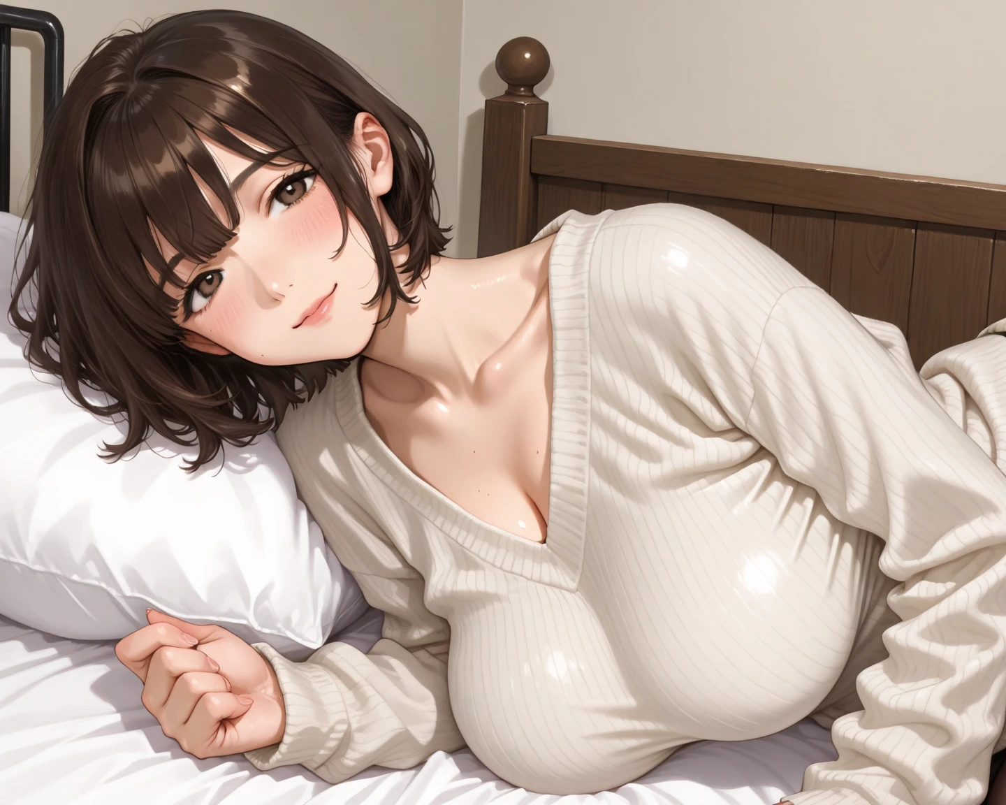 Masterpiece, Best Quality, highres, 1Girl, Solo, brown hair, short hair, black Eyes, Upper body only, fantasy bed background, Fantasy pajama Clothing, black clothes, lying on bed, large breast, pregnant, face blush