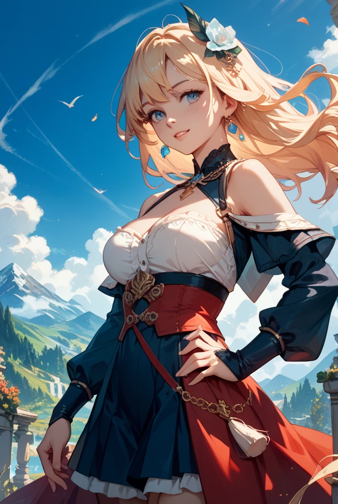 masterpiece, best quality, <lora:lomimu-nvwls-v1-000009:0.9> lomImu, hair ornament, halterneck, criss-cross halter, dress, detached sleeves, cowboy shot, mountains, profile, standing, sky, clouds, cliffs, field