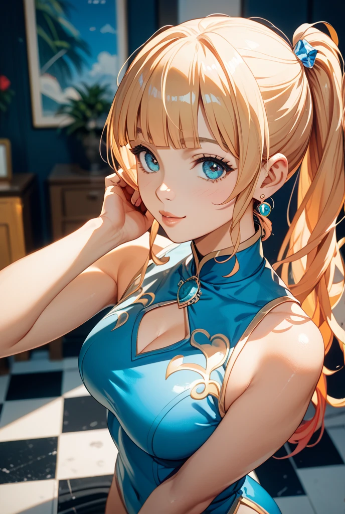 young girl, long blonde hair, dragon horns, Cyan eyes, tight blue chinese dress, open breasts, little chest,, Masterpiece, best quality, Full HD, 8k, ultra details, great graphic