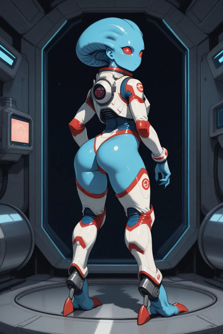Highly detailed RAW color photo, rear angle, full body, of (female space soldier, with light blue and white spacesuit, helmet, canned face shield, rebreather, accented booty), outdoors, (standing on the precipice, looking towards an advanced alien spaceship), toned body, large butt, (science fiction), (mountains: 1.1), (lush green vegetation), (two moons in the sky:  0.8), (very detailed, hyper-detailed, intricate), (lens flare: 0.7), (bloom: 0.7), particle effects, ray tracing, cinematic lighting, shallow depth of field, photographed on a Leica 10772 M-P, 85mm macro lens, sharp focus, Gravity 2013 cinematic film,vaporeon