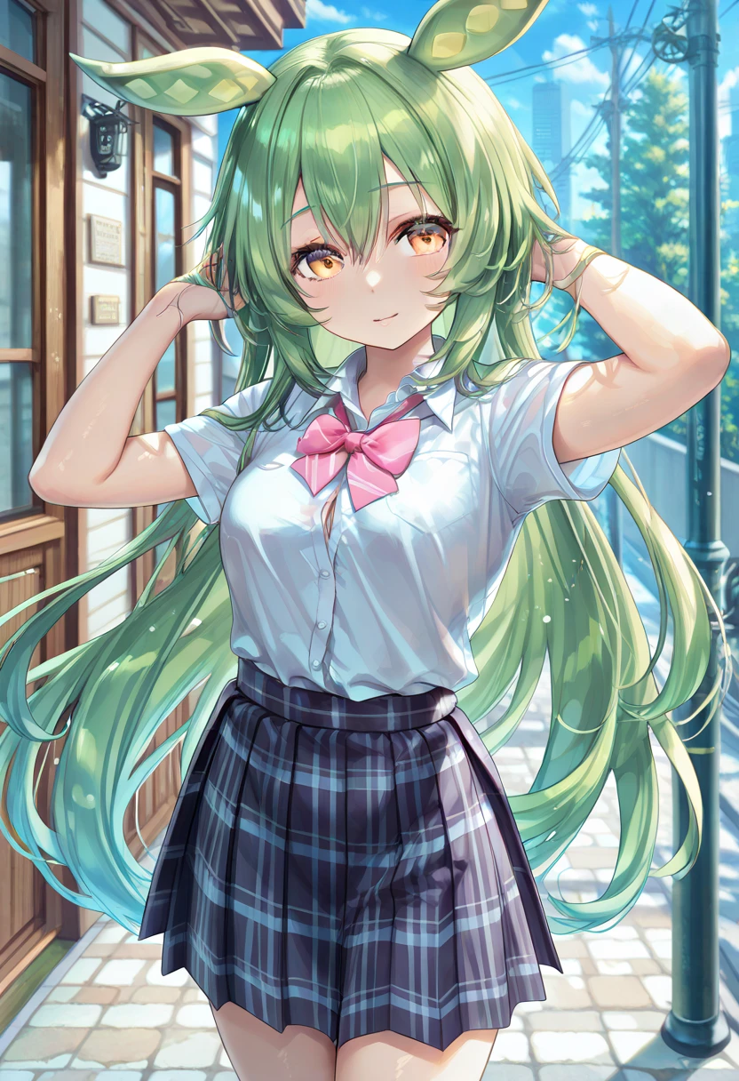 (masterpiece,Highest quality,Ultra-high resolution),(Perfect Face, Perfect body、Perfect hands、Refers to 5 books),(TVanime,Cel painting style),1girl,(Kilo, green eyes, green hair, long hair, hairband, black hair ribbon,Frilled Panties),(JK,Sailor suit),(very young,tiny body),(Blushing, embarrassed),(very embarrassing),In town,A secluded backstreet),skirt lift, lifted by self