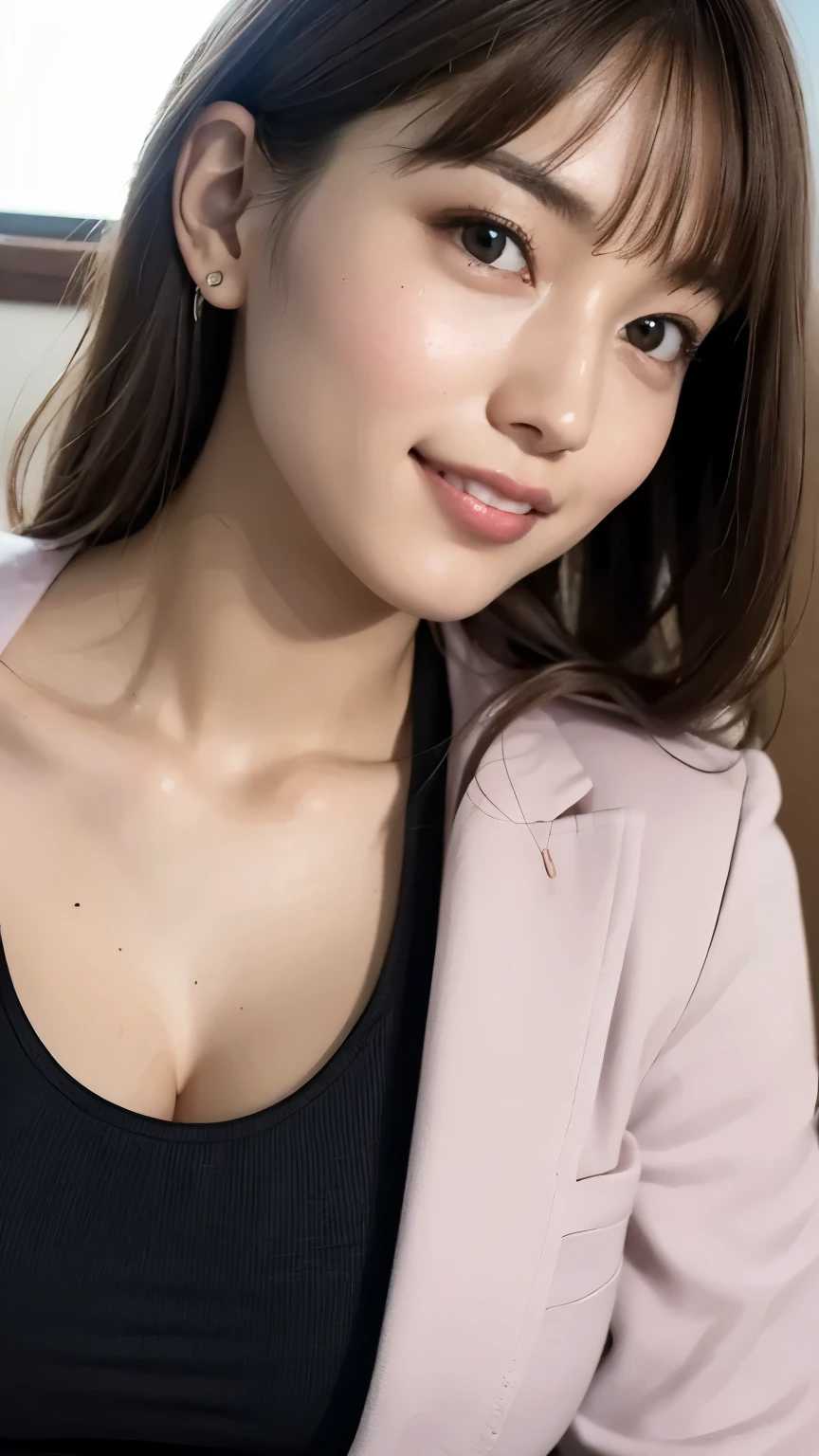 (masterpiece:1.2), (In 8K、Ultra High Definition、ultra high definition、Ultra HD、超realisticな、Best Quality), (realistic - photo ), high-definition RAW color photos, professional photography, Natural sunlight, soft shadows, (realistic:1.3), A 30-year-old woman、1 person, perfect anatomy, poster quality, (high-definition facial and skin textures, Shiny Skin, oily skin, Strong gloss), (big eyes:1.2), (face close-up:1.3), male wolf, (No makeup:1.2), smile, (She、is smiling), stares at the viewer, (glares at viewers), detailed eyes, dark eyes, ( shining eyes), long、Eyelashes, hot button, black hair, (とてもblack hair), black straight hair, anatomically accurate neck, natural short neck, Natural neck, (Her big bust、droopy:1.2), anatomically accurate breasts, huge breasts, saggy breasts in the cleavage, Deep-Chest Valley, Narrow Waist, (Her big butt、大きくdroopy:1.3), big thighs, long脚, (She、I'm wearing black pants), gray flannel outfit, silver tunic, pink high neck, blue tailored jacket, yellow long sleeve blouson、 white inner、 Red shirt