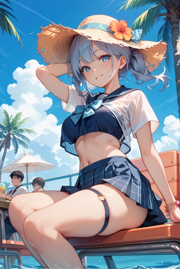 masterpiece, best quality, highres, ram1, 1girl, solo, rem \(re:zero\), blue hair, short hair, red eyes, hair over one eye, ribbon trim, hair ribbon, x hair ornament, frills, crop top white, denim shorts,medium breasts, cleavage, , hair flower, outdoor s, standing, smile, perfect background, perfect light