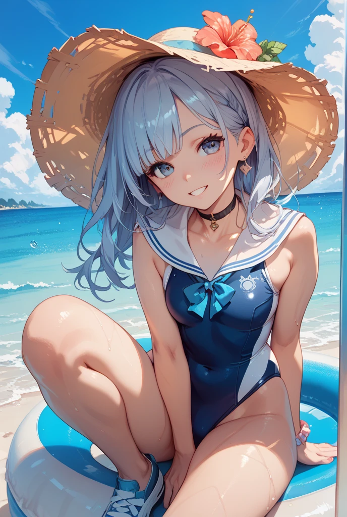 High resolution、Girl、Silver Hair、short hair、Fox Ears、blue eyes、Slender、Small breasts、Ocean,Sailor suit,Swimwear、On board,summer,７moon,Sweat,blue sky