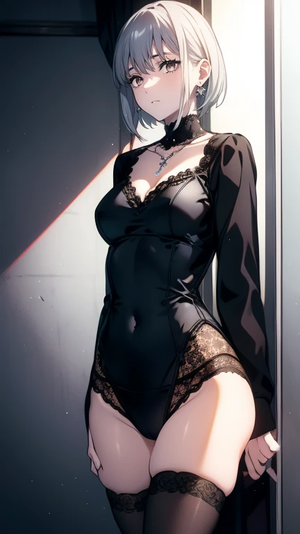 masterpiece, highly detailed, highest quality, high resolution, super precise, (1 girl), plain oversized Tee-shirt, plain semi-opaque colored waist high fishnet stockings,, flawless skin, inky black dark violet hair, pixie cut hairstyle, sharp facial features, young 16 year old teenager, sharp facial features, high bridged nose, medium height(178cm), cowboy shot, slender and slim body with ample curves, velvet colored eyes,
