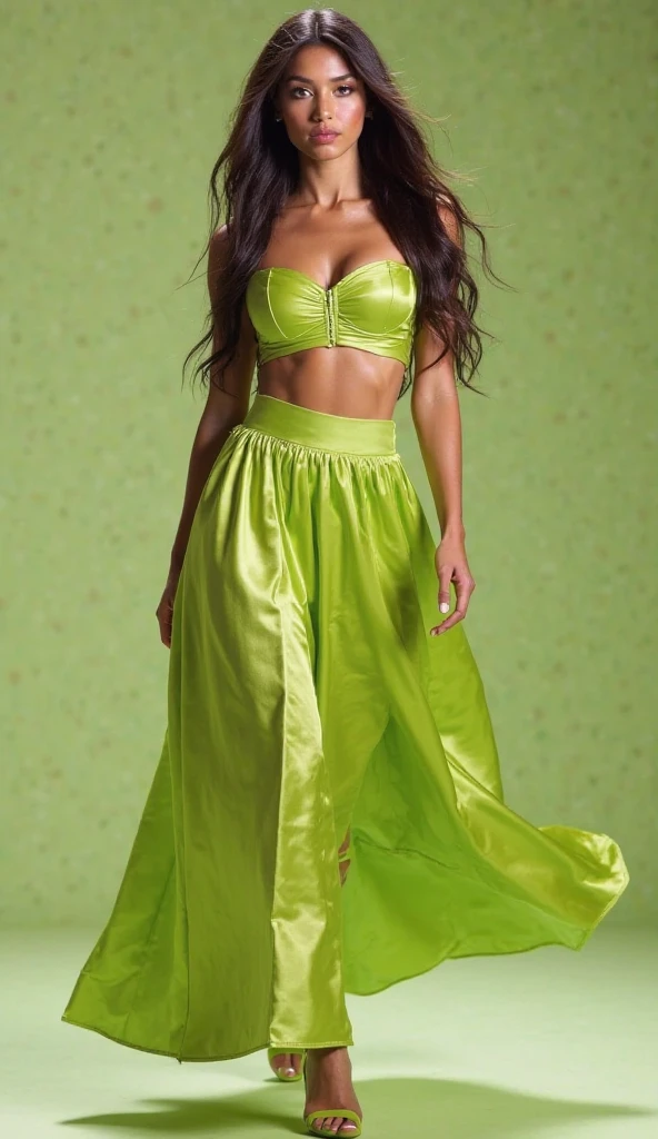Green hat green croptop belly buttom green lomg skirt