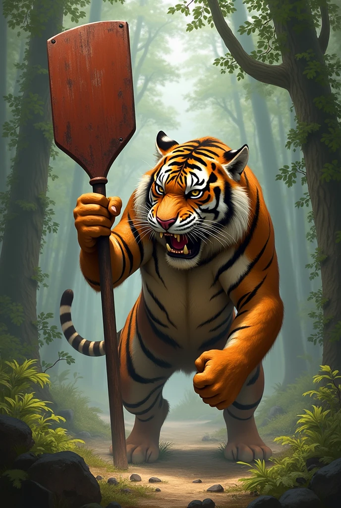 Tiger chops his own long tail in two with an axe