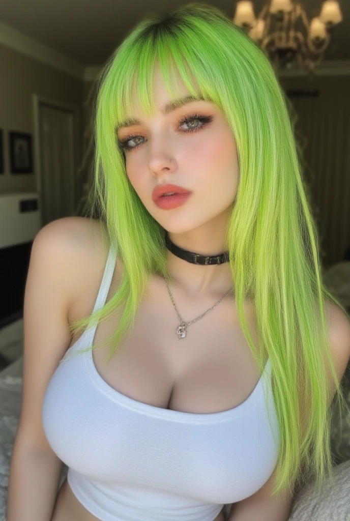 a naked woman standing in front of a mirror, a hyper realistic, tumblr, green hair, seductive smile, ultra high quality model, realistic beautiful big eyes, white skin, sfw huge breasts
