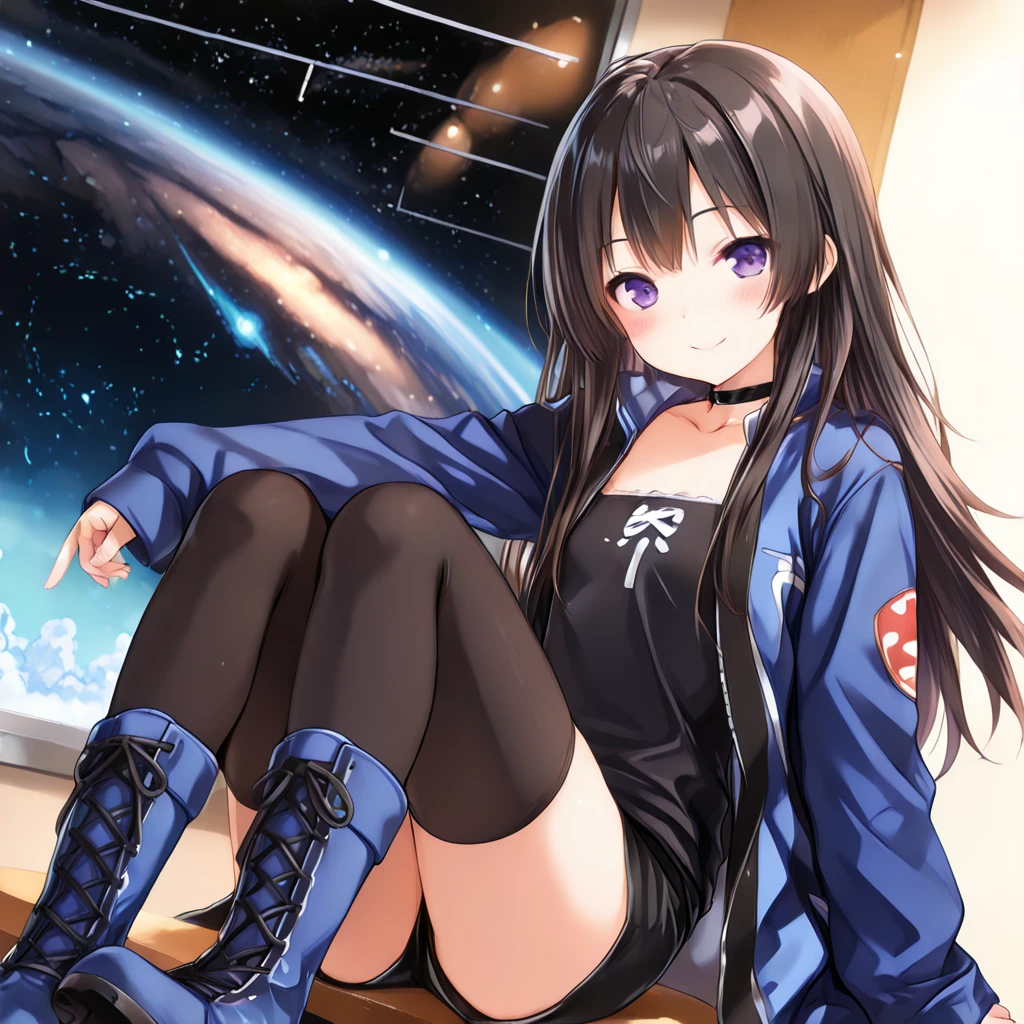 (one children),(masterpiece,Highest Quality),(denim zip up dress:1.4),A dark-haired,Black tights