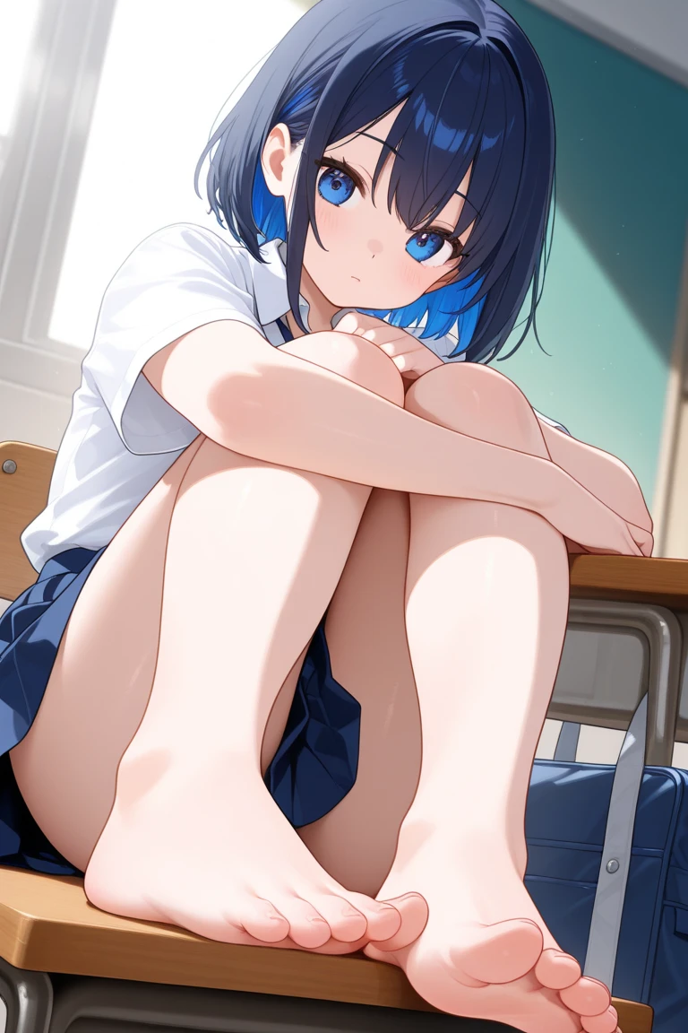 Minamimatsuura, Kanan Matsuura, Blue hair, Long hair, Ponytail, (Purple eyes:1.1), side locks, Blake Aquaneckerchief, grey sailor collar, grey skirt, Miniskirt, neckerchief, Pleated skirt, Sailor collar, sailor shirt, School uniform, serafuku, Shirt, Skirt, Summer uniform, uranohoshi school uniform, White shirt,Naughty big、large full breasts、BREAK looking at viewer, BREAK (masutepiece:1.2), Best Quality, High resolution, Unity 8k壁纸, (Illustration:0.8), (Beautiful detailed eyes:1.6), extra detailed face, Perfect Lighting, extremely details CG, (Perfect hands, Perfect Anatomy),A smile、,(white panties:1.3)、(Fully exposed panties:1.5)、(Squatting:1.3)、outside of house、plein air、