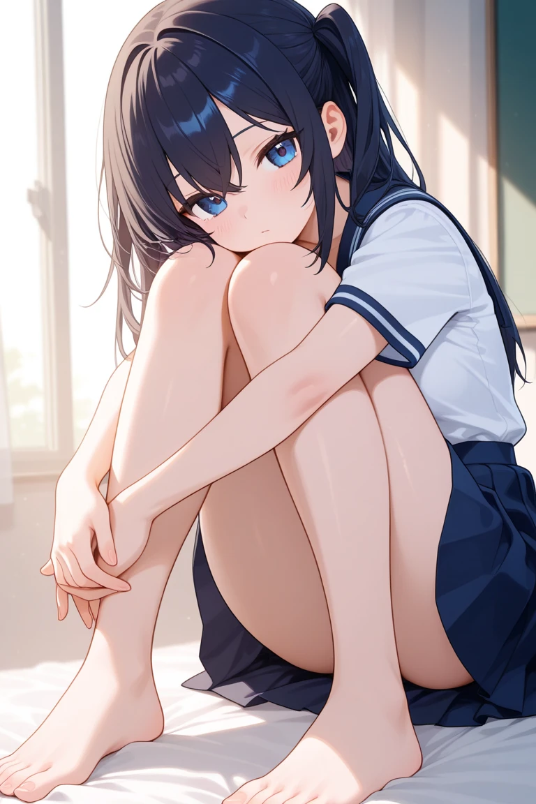 Boyish girl in blue Nike sneakers on bed、School uniform、long black socks、skirt by the、crouching down、a smile
