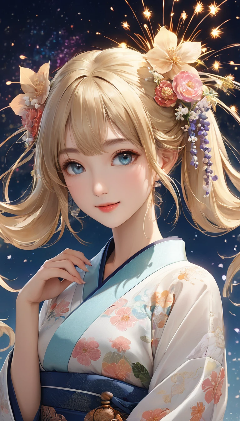 top-quality、tmasterpiece、超A high resolution、(Photorealsitic:1.4)、RAW photo、Detailed CG image quality、cyber punk perssonage、(Fireworks Festival:1.4)、Beautiful fece、1girl in、jpn、18yr old、(eBlue eyes:1.2)、pink lipsticks、A smile、(Silvery hair:1.4)、dark tanned skin、(hair adornments:1.4)、(bath robe:1.4), (Cropped yukata:1.4)、nedium breasts、Detailed portrait、8K picture quality、concept-art、Film and theatrical atmosphere、(A Japanese shrine:1.2)、(Japanese red and white lanterns:1.2)、Carillons、(Festive flags,)、Paper decoration、(3 + Women: 1.4)、foco nítido、voluminetric lighting、Cinematography lighting、colorful neon、depth of fields、Ambient lighting、Blurred foreground、blurred back:1.3、(8 mm fisheye lens:1.4)、(The angle directly below:1.4)、(The whole body is visible:1.4)、