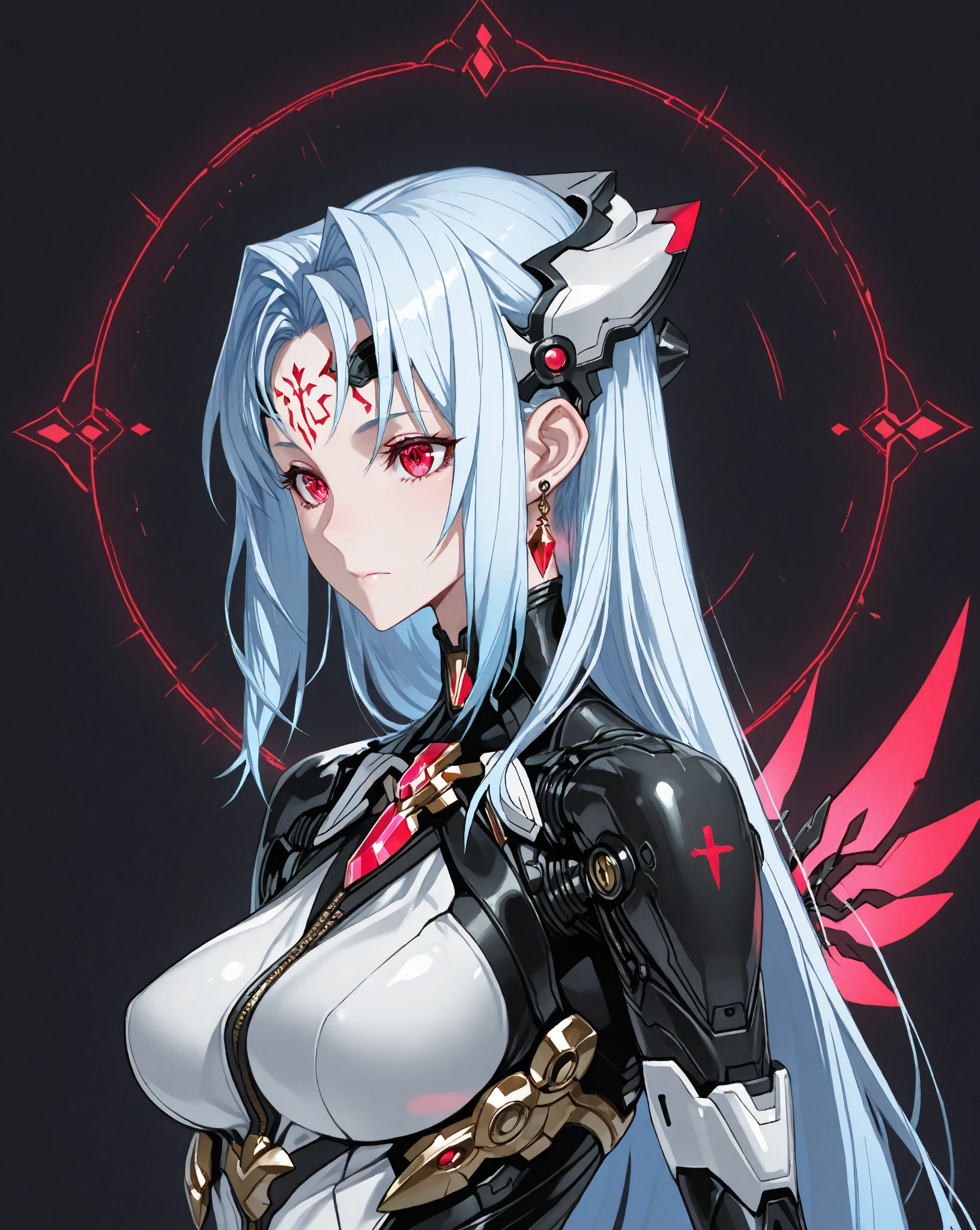 ((8K resolution))、((highest quality))、((masterpiece))、((Very detailed))((((dramatic))), (Anatomically correct)、The depth of the object to write、Looking at the camera、front、(woman、Mechanical bones格、Mechanical boneechanical Cervical Vertebra、Long and thin、Gray Hair、Long Hair、Red Eyes、lipstick、Spit sludge from the mouth、Bloody)、spooky、an  ominous、((theme、whole body:1.1)), SF、Design、White Background