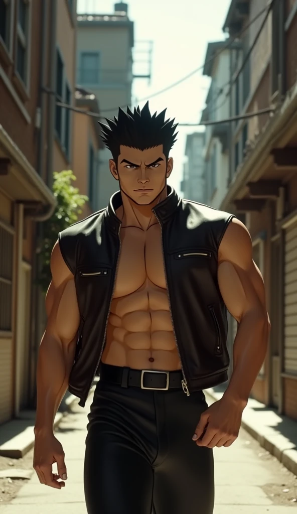 masterpiece, best quality, ultra detailed, shadows, anime style, 1 man, 21 yo, honey skin, black wavy hair, hunter eyes, golden eyes, athletic, muscles, abs, black pants, heavy boots, straight face, universe background