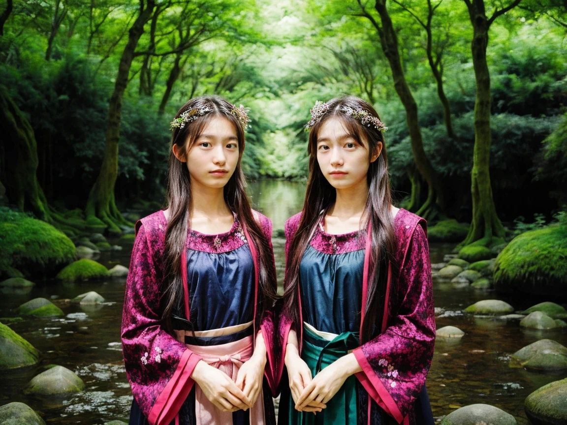 Girl standing in the middle of the forest with ancient trees