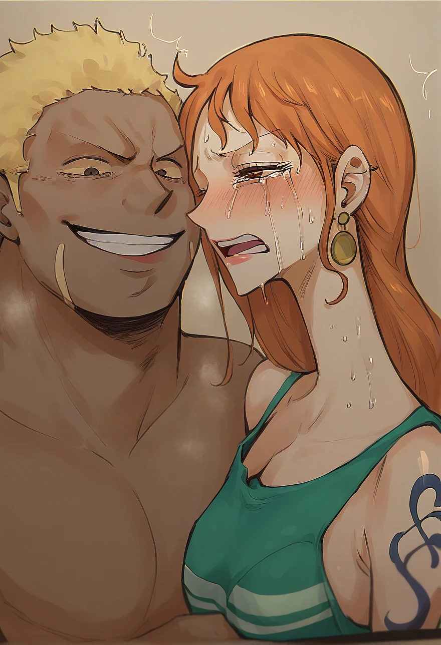 sam, totally spies, orange hair, sky-blue bikini, green eyes, being beaten, fat man, grabbing hair, on the beach, fist on face