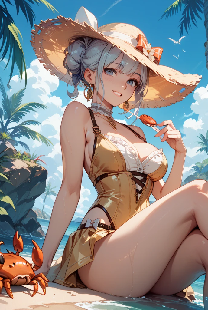 ((Phone wallpaper)), ((Correct anatomy)), Sexy attractive girl, witchy, ((White curly hair)), Short hair, a lot of shiny pearls in her hair, The White Hat of the Witch, many white bells and flowers on the hat, green leaves on the cap, Green eyes, Shiny make-up, gold eyeliner, red lush lips, big beautiful breasts, (((Bikini only)), pin-up bikini, Sex, many white bells on the dress, Lots of pearls, shiny green leaves, Sitting on a chair in a greenhouse , There are a lot of bells around, attractive pose, The Sexy Witch, handsome body, Beautiful shapes, Fantasy, Intricate, elegant, Highly detailed, Digital Painting, Artstation, Concept art, Matte, Clear Focus, illustartion. very higаh resolution, Masterpiece, Stunning, Trendy ArtStation, 8K, UHD
