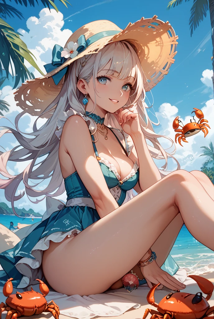 GRANBLUEfantasy,1young_teen_ girl,brown_hair,long_curly_hair,platina_blond_hair,white_leotard,covered_crotch,thigh-highs,smile,standing,bluesky_landscape_background,slightly_spread_legs,happiness, short_gloves ,solo, r18, navel,relicbuster,short,boots,open_mouth,sitting,knees,blush,shy,bunny_ears,solo.