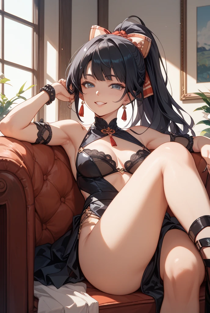 photorealistic, seductive asian royal sister, luxurious tight mini chinese dress, (on a sofa, spread legs and lift up skirt and show off detailed sexy panties), (perfect anatomy), 8k, raw photograph, best quality, masterpiece, (detailed character), detailed anime face, full body concept, center of screen, stiletto heel, luxurious jewelrys, chinese tiara, hair ornaments, large presence earring, bracelets, anklets, trinkets, red eyes, high long twintails, smoky makeup, eyeshadow, heavy makeup, sexual temptation, sexual suggestiveness, seductive smile, oriental style, lamp lights, lens flare, film grain