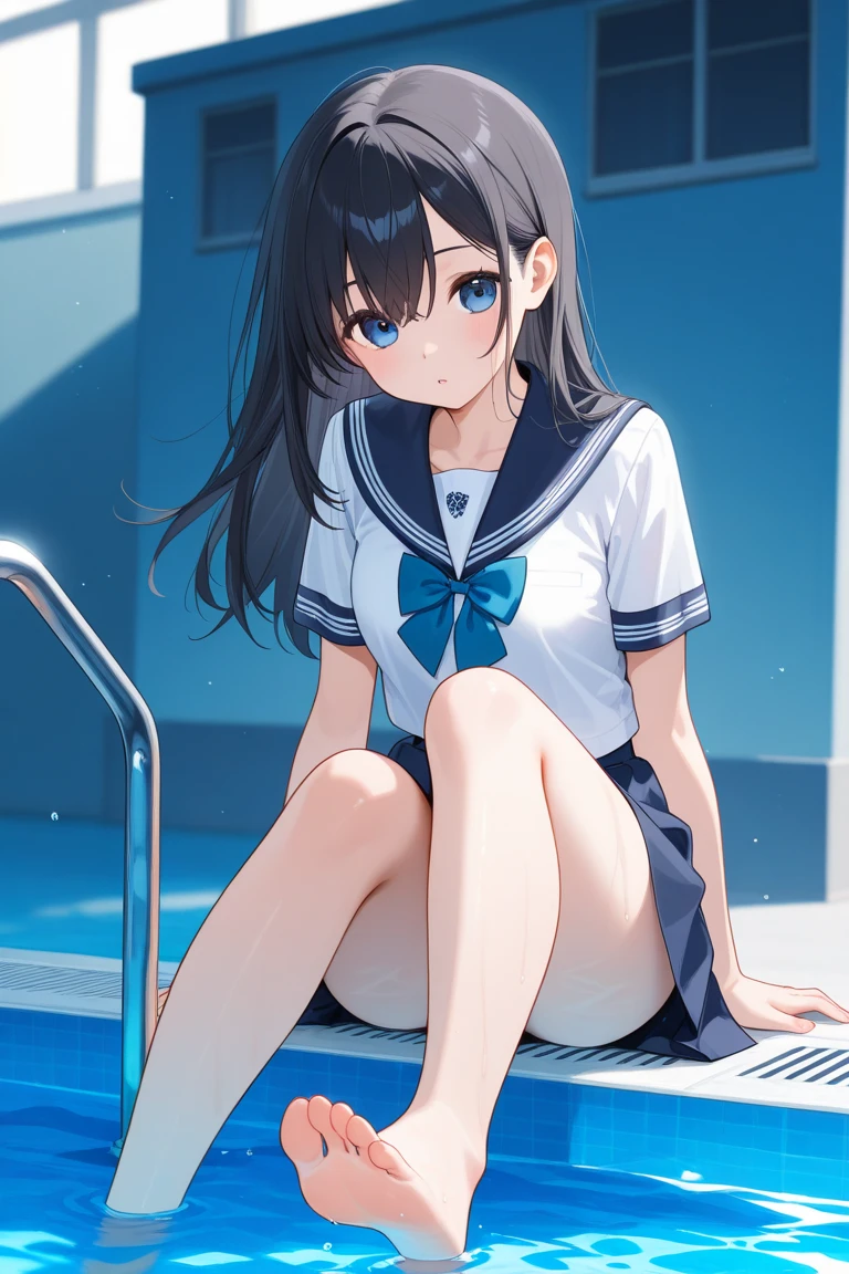 lighting like a movie、top-quality、(1 female)、School swim wear、しゃがんでopen one's legs、open one's legs、embarrassed from、school swimming pool、Eyes from below、full of sweat、A dark-haired、Wearing sweat、s ass