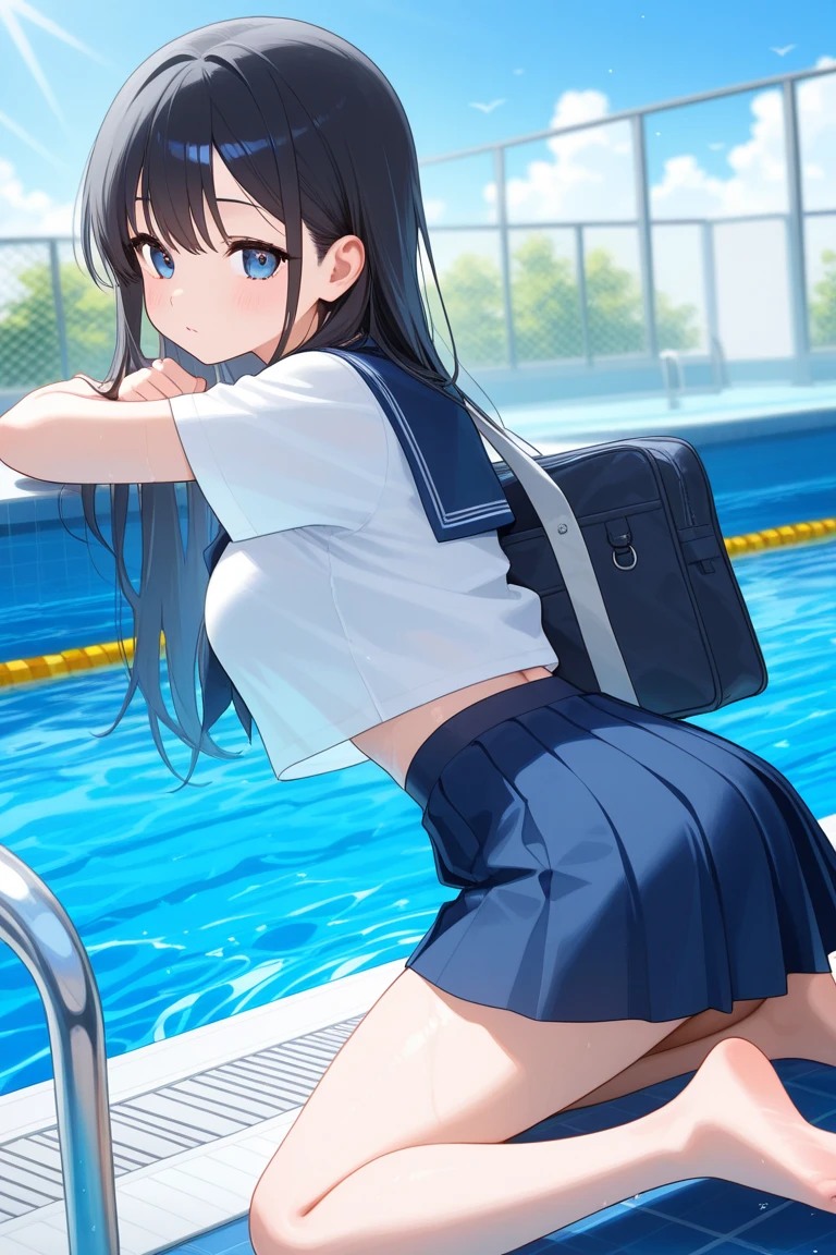 School swimming pool Elementary school girl, Flat chest, black hair, long hair, purple eyes White upper body, short-sleeved sailor uniform Navy blue mini skirt and white panties ((I can see her panties)) barefoot School swimming pool Standing by the pool Dynamic angle Low angle