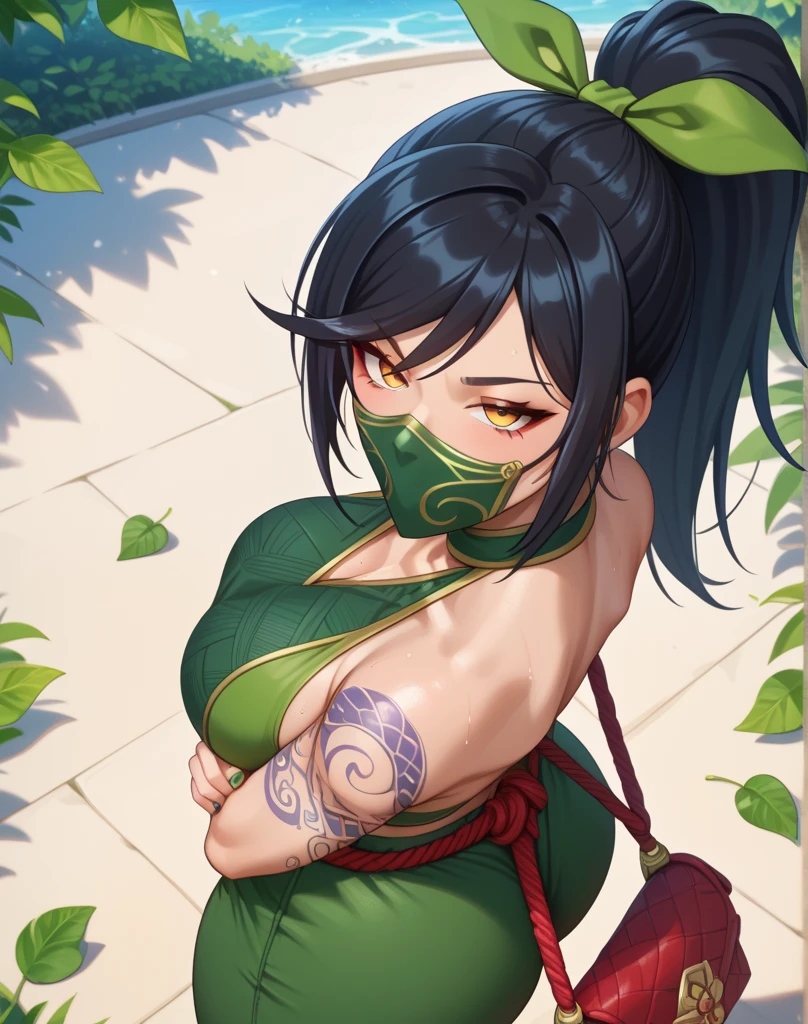 ultra realista 8k CG, work of art, ((ultra detailed background, delicate pattern, intricate-detail)), (highy detailed, fine-details,), (beautifull detailed face, eyes and hair:1.1), 1 girl, akali, gazing at viewer, League of Legends, abdomen, arm tatoo, bangss, blouse, breastsout, fishnet green chemise, hair between the eyes, hip ventilation, long bangss, long hair, mask, tummy, ninja, hypdertailed, rope belt, belt pouch, chemise, standing alone, stomach tatoo, tatoo, sexy, drooling over mask, big pervert, insane pervert, spit mask, face full with saliva, areola exposed, areola show, areola visible, enormous areola, nipple bulge, side view
