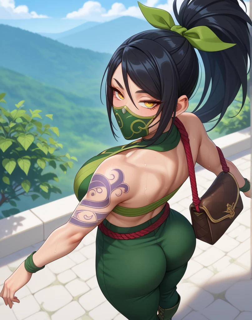 ultra realista 8k cg, obra de arte, ((fundo ultra detalhado, delicate pattern, detalhe intrincado)), (Altamente detalhado, detalhes finos,), (lindo rosto detalhado, olhos e cabelo:1.1), 1 garota, Akali, olhando para o espectador, League of Legends, abdomen, arm tatuagem, franja, Blusa, seios, fishnet green Camisa, cabelo entre os olhos, hip ventilation, long franja, Cabelo longo, mascarar, barriga, ninja, rabo de cavalo, cinto de corda, bolsa de cinto, Camisa, Sozinho, stomach tatuagem, tatuagem, underboob, visible panties, drooling, saliva on mask, cat girl, cat ears, sexy pose, sweaty, steamy body, sweaty belly, see-through clothing, white top, white clothes 1.4, hairy , transparent clothing, drooling, wearing white one-piece swinsuit 