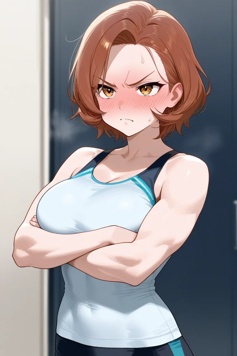 White sports braを着けている一人の女の子((From above)),Light brown hair,blue eyes,short hair,Small ,Blushed,Embarrassed,Curvy Girls,White sports bra,plump,Alluring expression