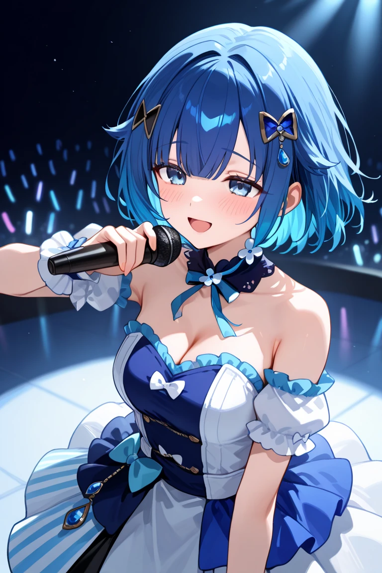 (masterpiece:1.3), (best quality:1.3), high resolution,
couboy shot,
leaning forward, body facing forward, have a microphone, lookinng at viewer,
(one cute girl:1.3), solo,
white skin, small Breast, eight-headed person,
light blue hair, (bobbed hair:1.2), (short hair:1.1), (blunt bangs:1.2), beautiful hair, blue eyes, beautiful detailed eyes,
open mouth, heart, cheerful smile,
blue check skirt, Idol costumes, miniskirt, earrings,
indoors, stage,
shadowlighting,